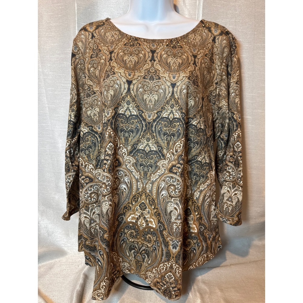 Ruby Rd Woman Paisley Print Blouse‎ Top Long Sleeve Scoop Neck Embellished 1X